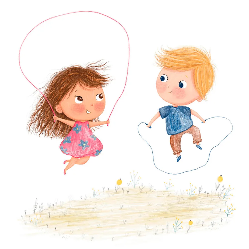 Greta im rosa Kleid und Gustav springen Seil auf der Wiese, Illustration zur Human Design Geschichte für Generator-Kinder