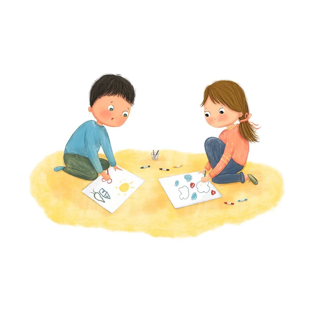 Kira und Kai malen zusammen Bilder, Illustration zur Human Design Geschichte über das Kopfzentrum