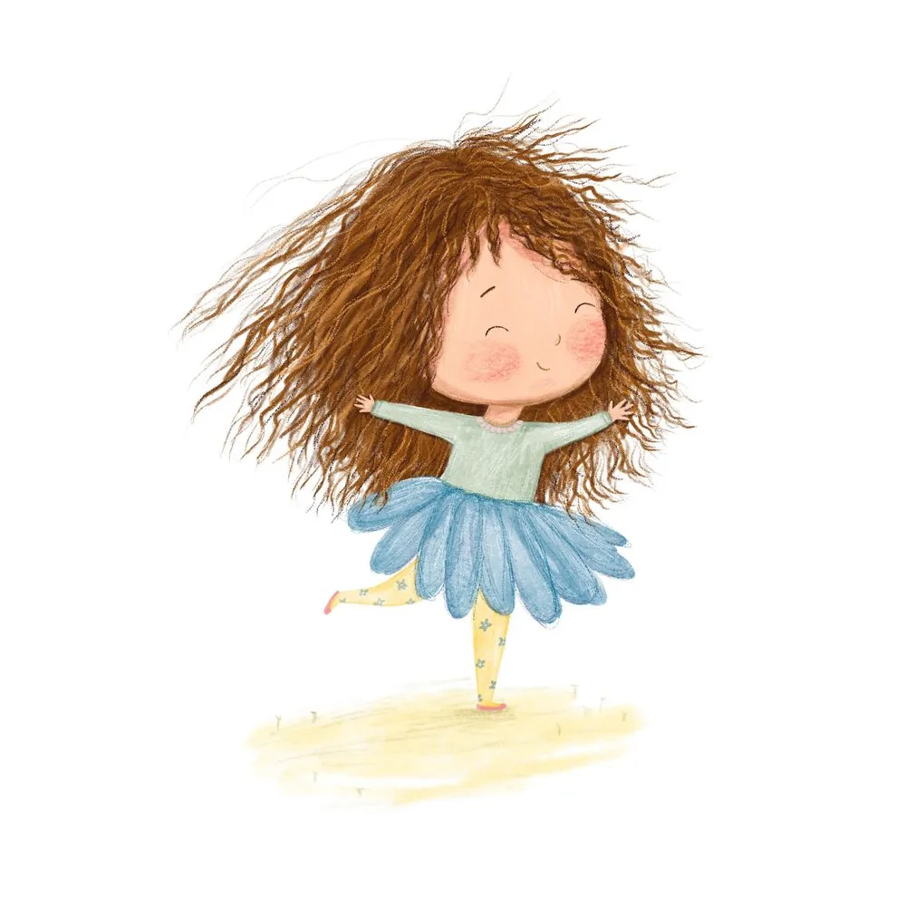 Zoe tanzt mit fliegenden Haaren, Illustration zur Human Design Geschichte über die Linie 2 im Profil