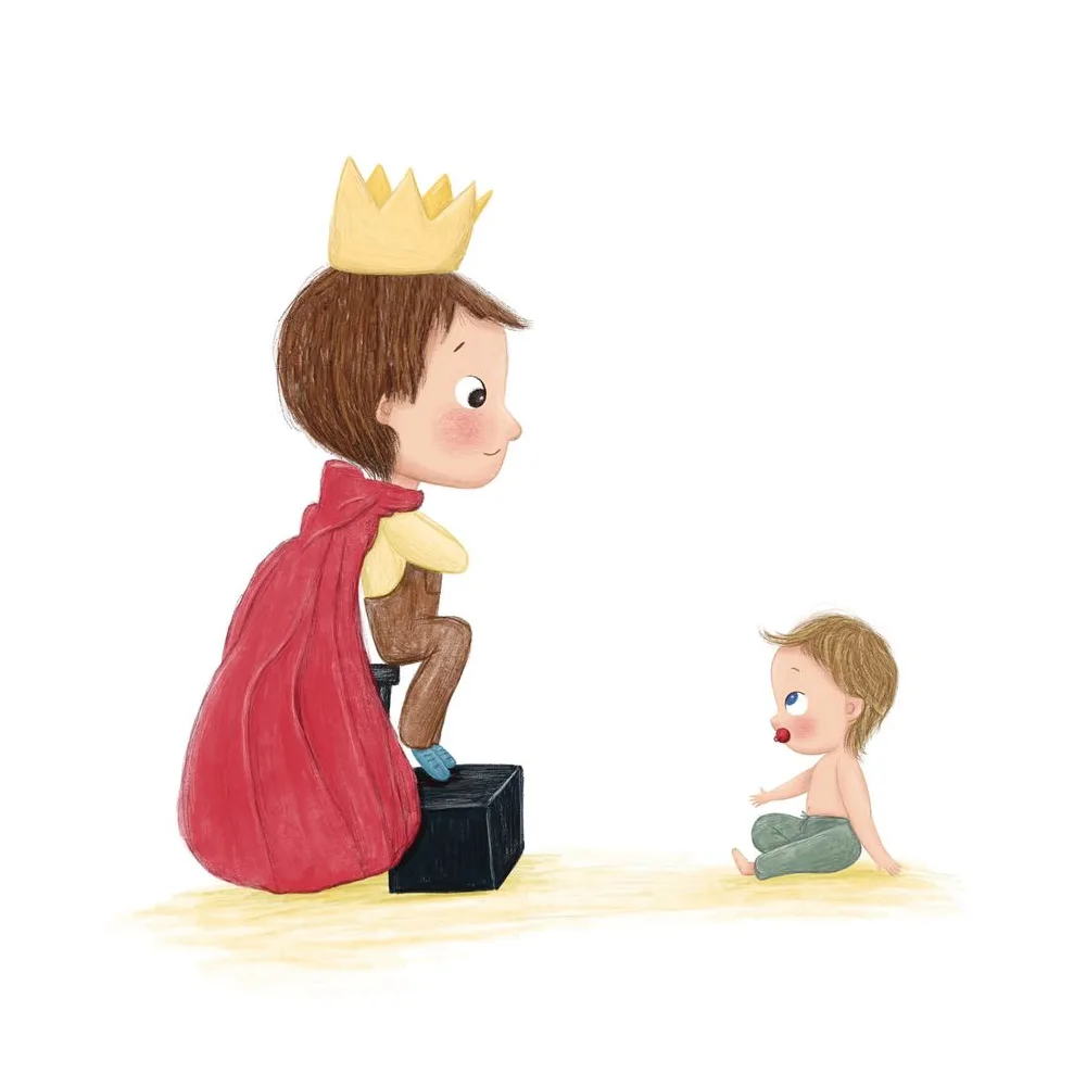 Malte als König mit Krone und rotem Umhang, sein kleiner Bruder Hannes sieht ihm zu, Illustration zur Human Design Geschichte über Manifestor-Kinder