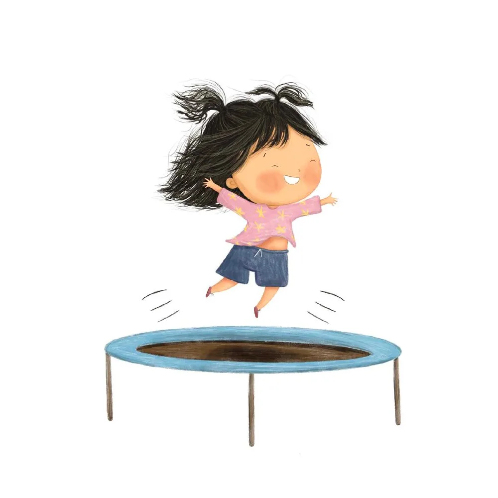 Sofia springt auf dem Trampolin, Illustration zur Human Design Geschichte über das Sakralzentrum