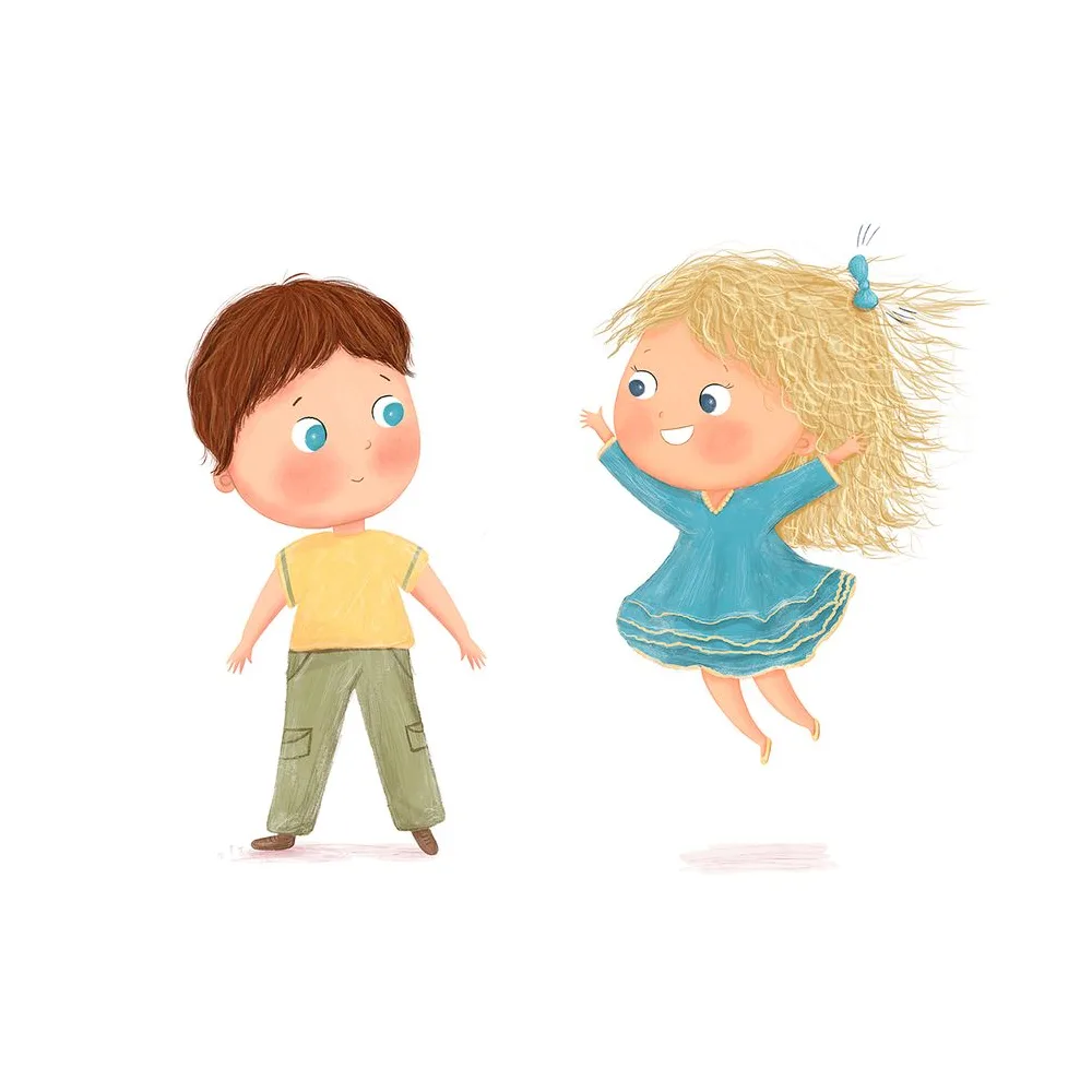 Simon und Sarah, die vor Freude in die Luft springt, Illustration zur Human Design Geschichte über den Solarplexus