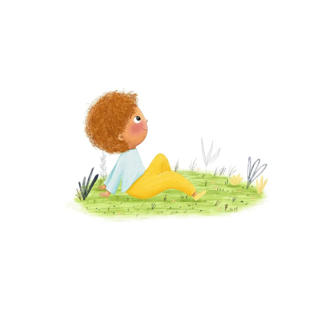 Willi sitzt gemütlich im Gras, Illustration zur Human Design Geschichte über das Wurzelzentrum