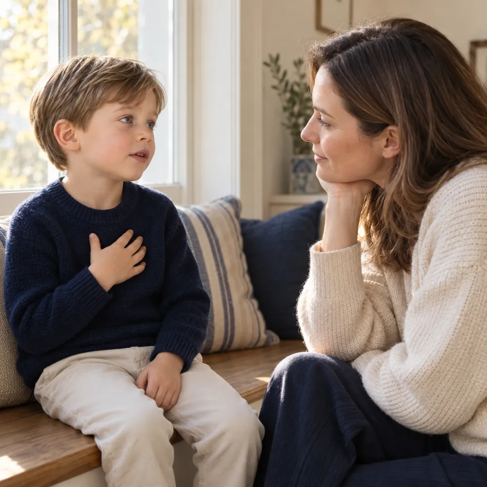 Junge im Kindergartenalter erzählt seiner aufmerksam zuhörenden Mutter etwas und legt eine Hand an seine Brust