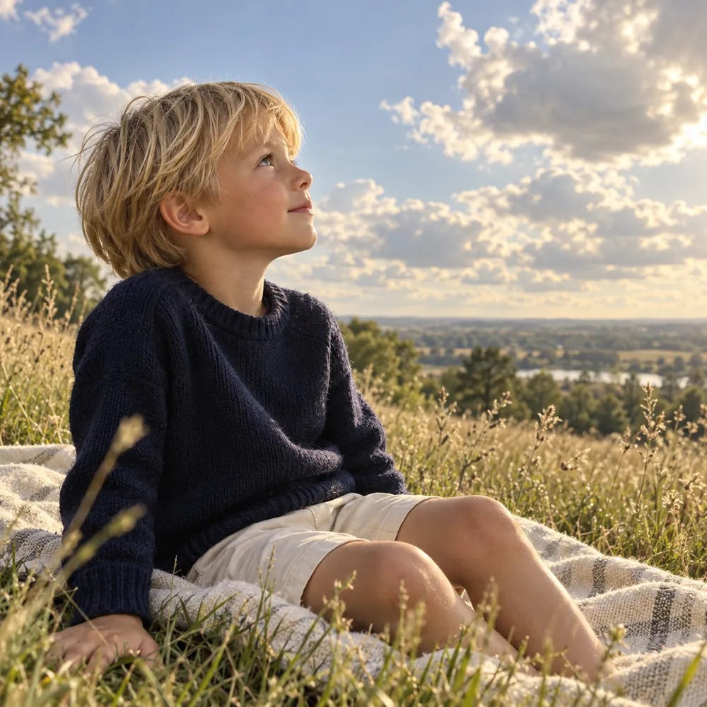 Junge betrachtet aufmerksam die Wolken am Himmel