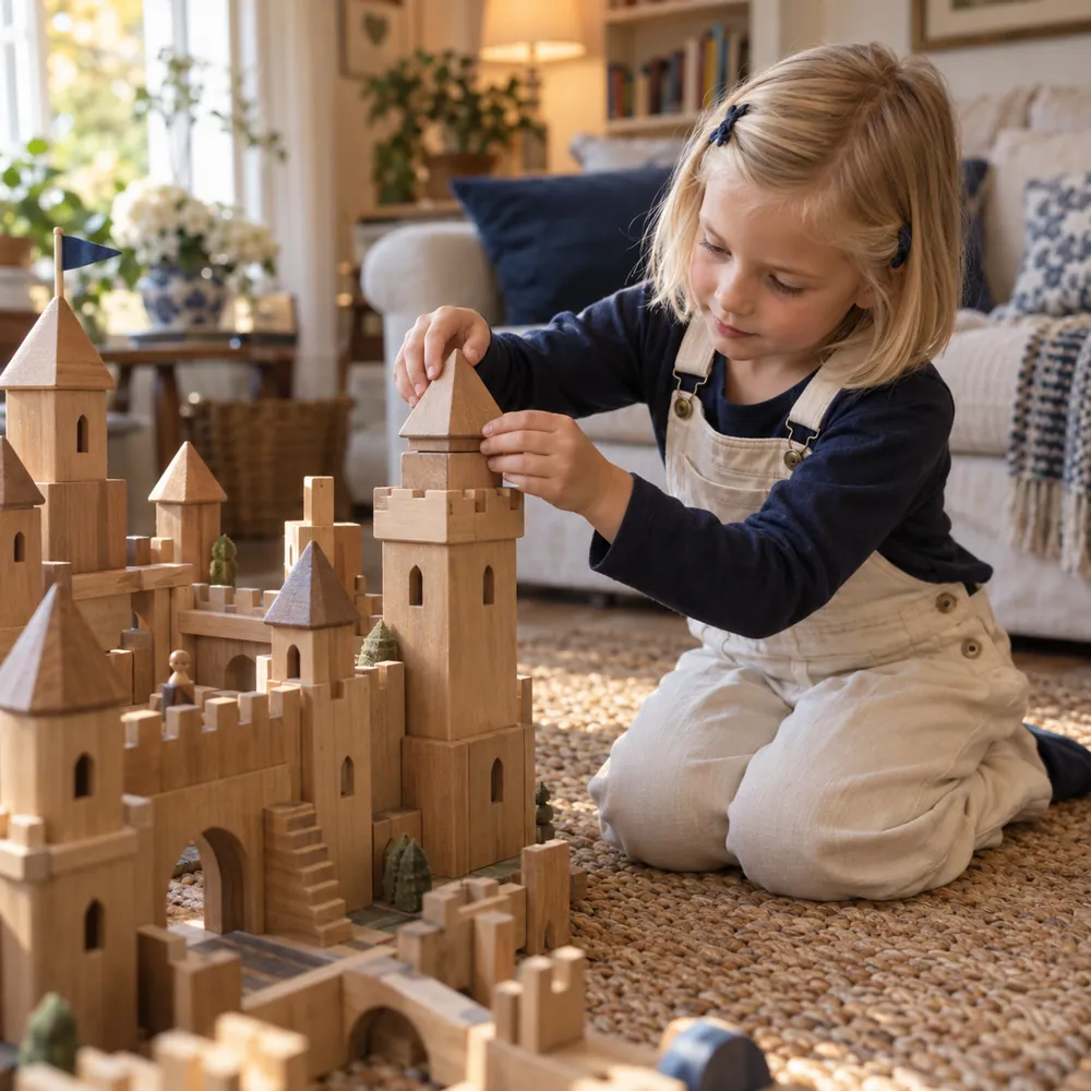 Blondes Mädchen baut konzentriert eine Burg aus Holzbausteinen auf einem Teppich fertig