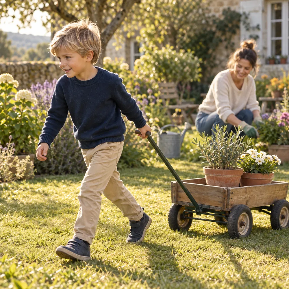 Junge zieht einen kleinen Holzwagen mit Pflanztöpfen durch den Garten