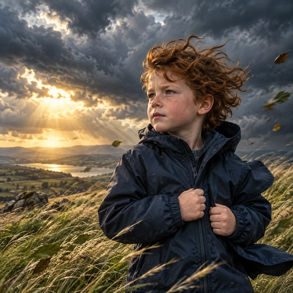 Junge im Sturm mit vom starken Wind zerzausten Haaren und flatternder nachtblauer Jacke