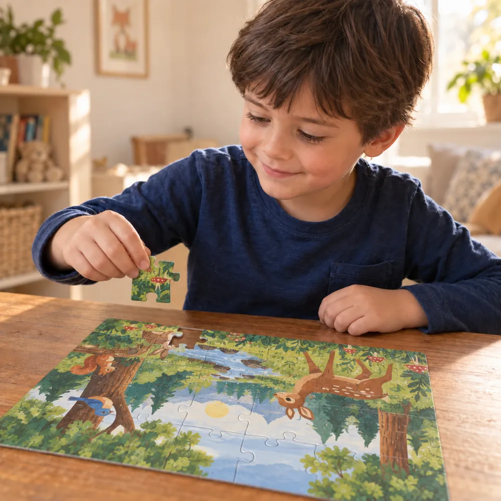 Junge setzt zufrieden das letzte Teil in ein fast fertiges Puzzle ein