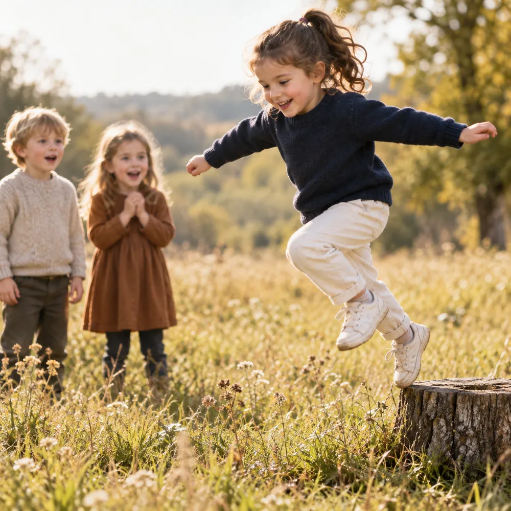 Mädchen mit braunem Pferdeschwanz springt mutig von einem niedrigen Baumstumpf auf eine Wiese, während zwei Kinder hinter ihr staunen