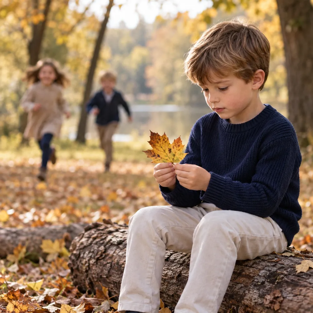 Junge im nachtblauen Shirt sitzt ruhig auf einem Baumstamm und betrachtet ein Blatt, während andere Kinder im Hintergrund rennen