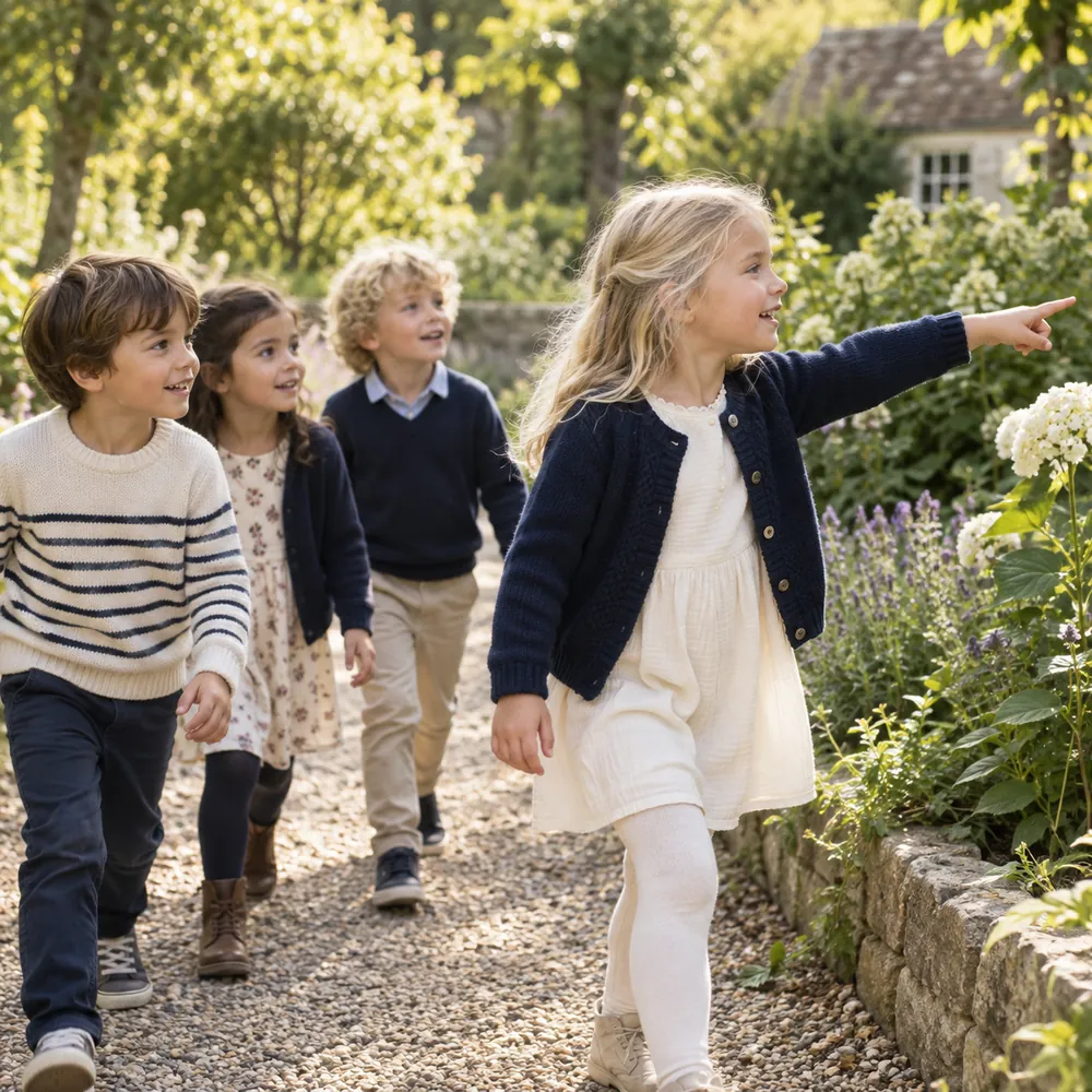 Blondes Mädchen zeigt nach rechts und führt andere Kinder auf einem Gartenweg an