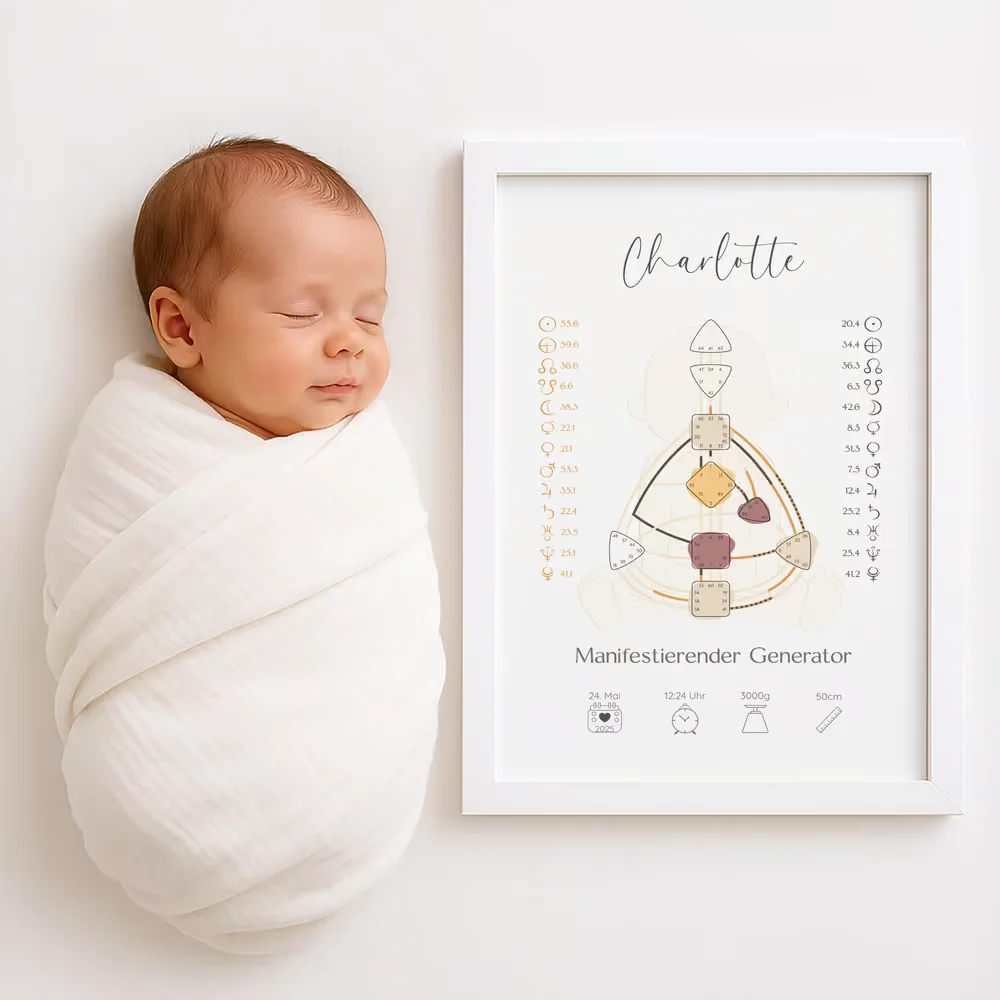 Neugeborenes Baby neben seinem personalisierten Geburtsposter mit Human Design Chart