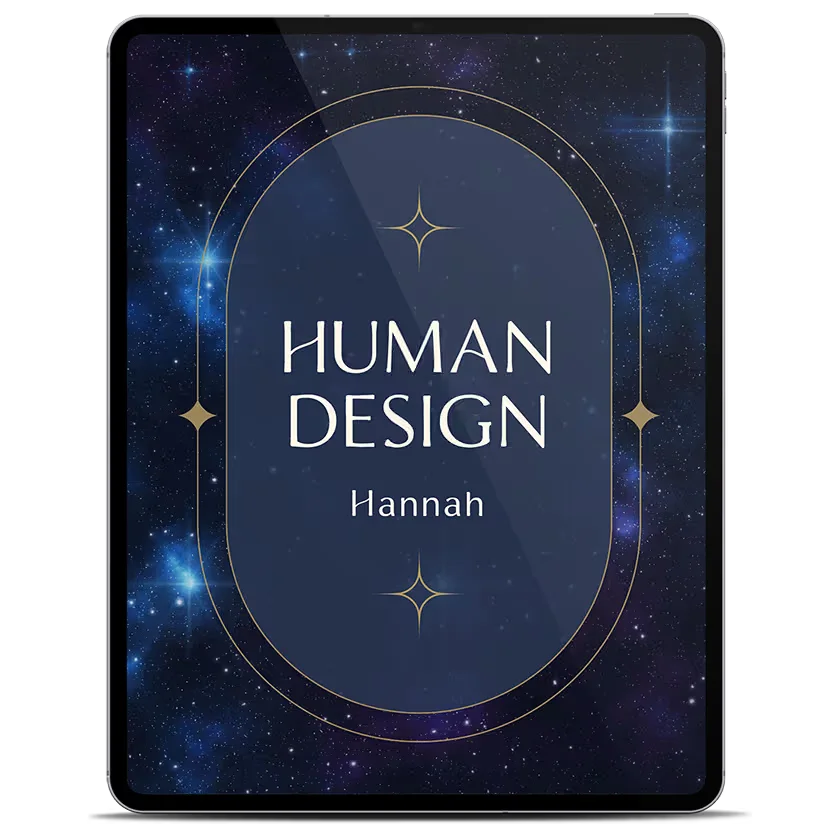Human Design Reading als PDF auf dem Tablet, nachtblaues Cover mit Namen